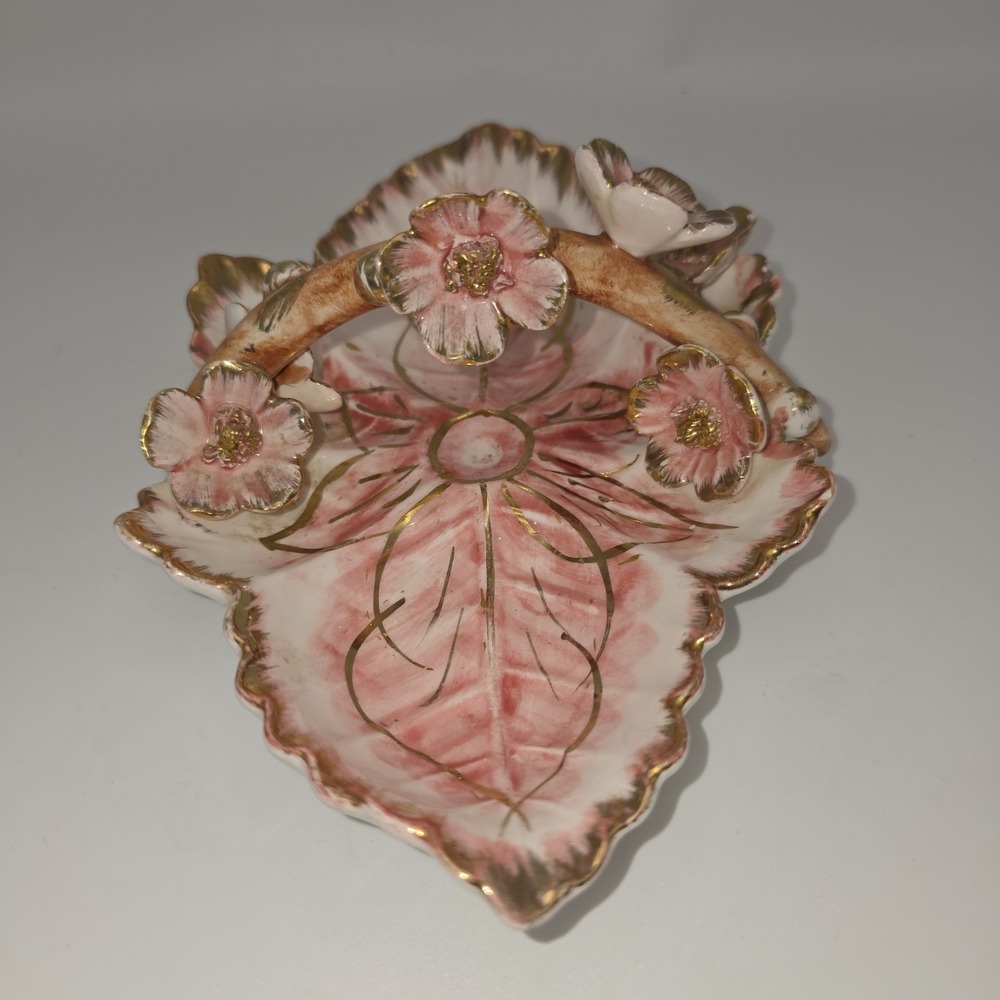 Vintage Italian Porcelain Pink Floral Gold Trimmed Trinket Dish